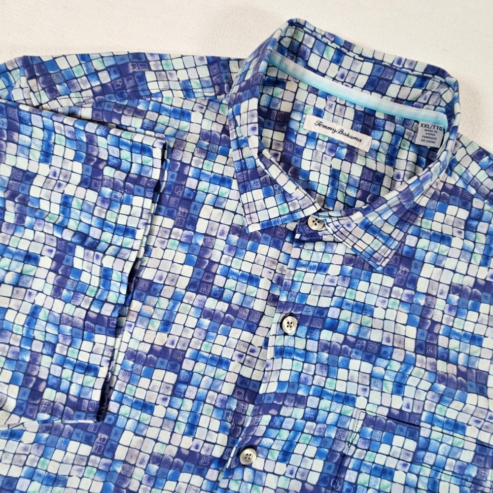 Tommy Bahama Button Down Shirt Mens XXL Blue Mosaic Tile Silk Blend T323280‎
